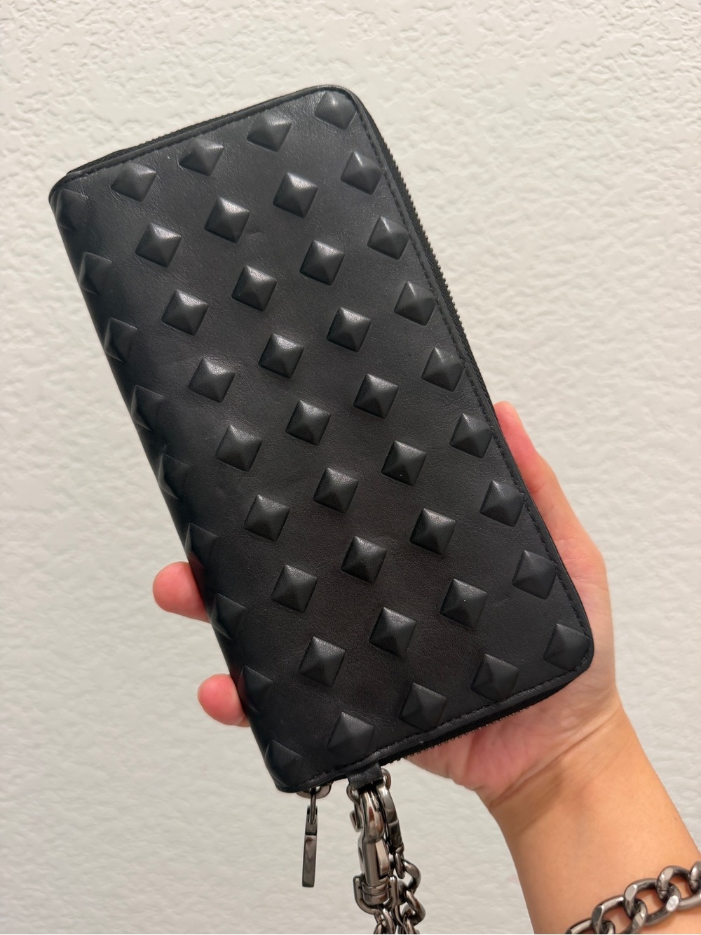 MCM Black Studded Leather Zip Around Wallet with Chain